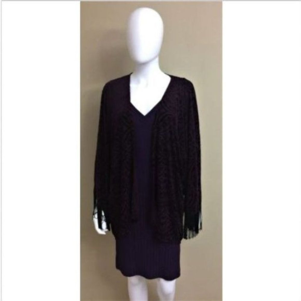 Cache Purple Over Wrap Black Fringe Shawl Topper NWOT Size Medium / Large NWOT